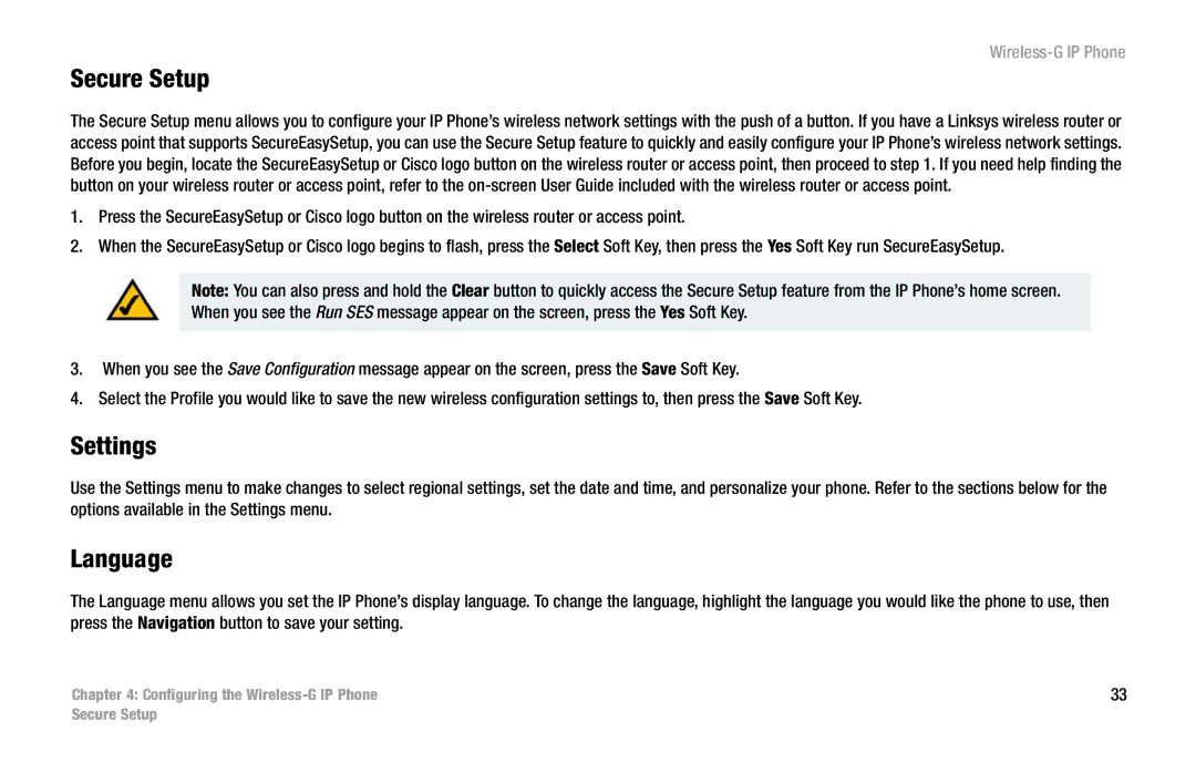 Cisco Systems WIP300 manual Secure Setup, Settings, Language 