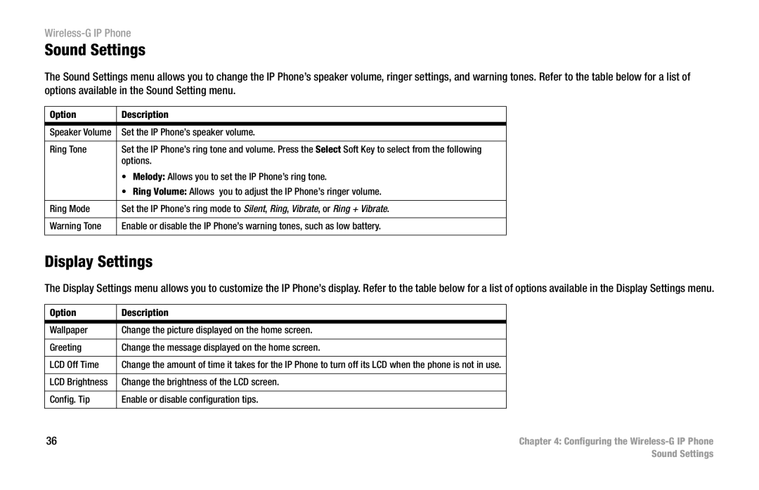 Cisco Systems WIP300 manual Sound Settings, Display Settings 