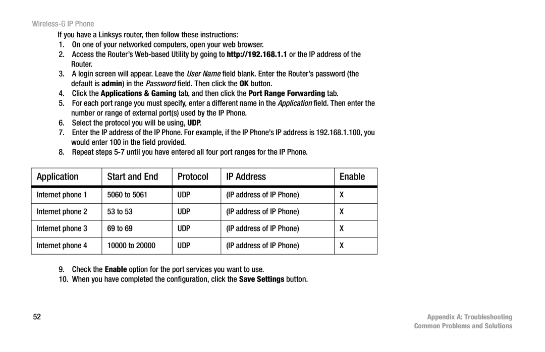 Cisco Systems WIP300 manual Application Start and End Protocol IP Address Enable 