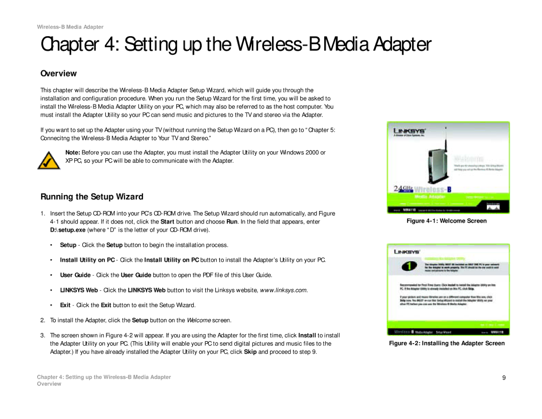 Cisco Systems WMA11B manual Setting up the Wireless-B Media Adapter, Running the Setup Wizard 