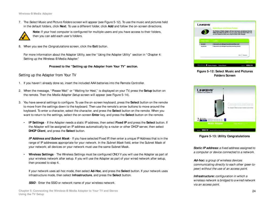 Cisco Systems WMA11B manual Setting up the Adapter from Your TV, Select Music and Pictures Folders Screen 