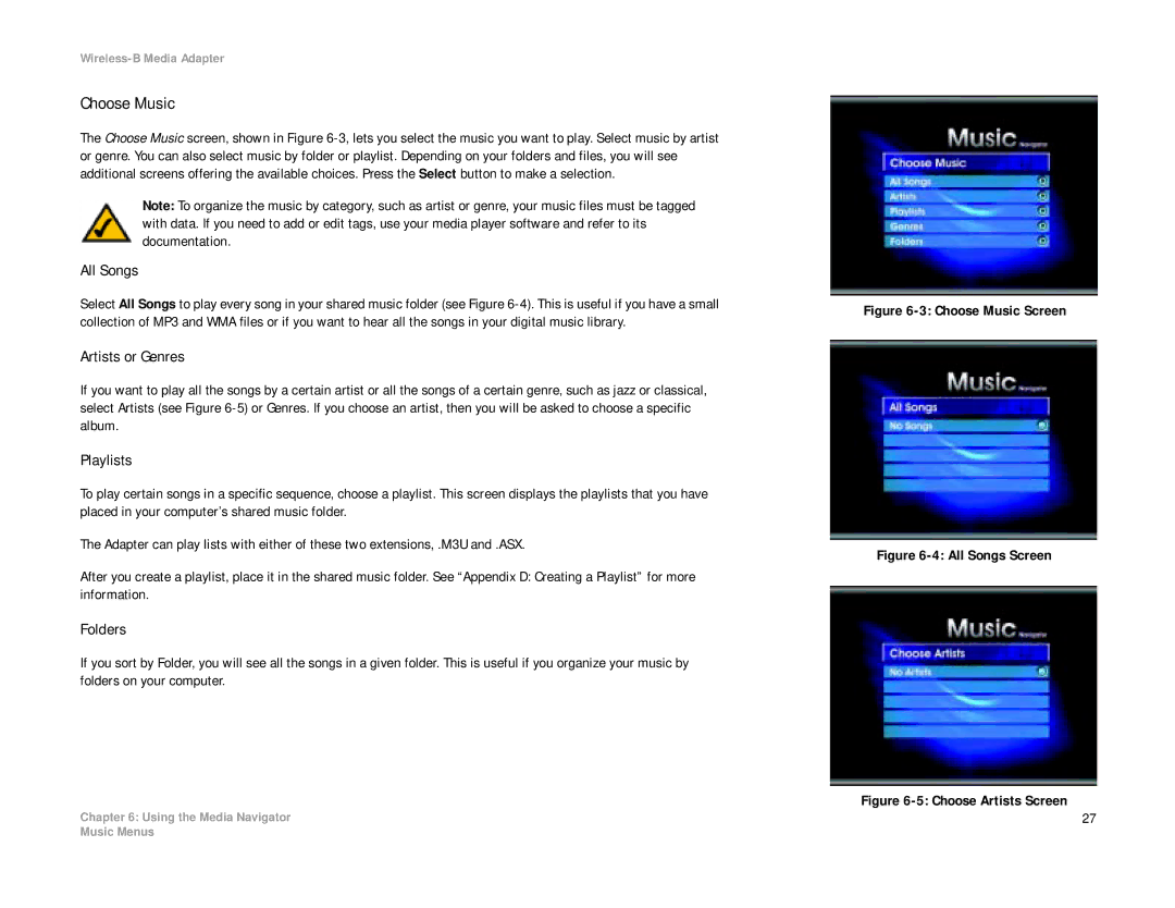 Cisco Systems WMA11B manual Choose Music, All Songs 