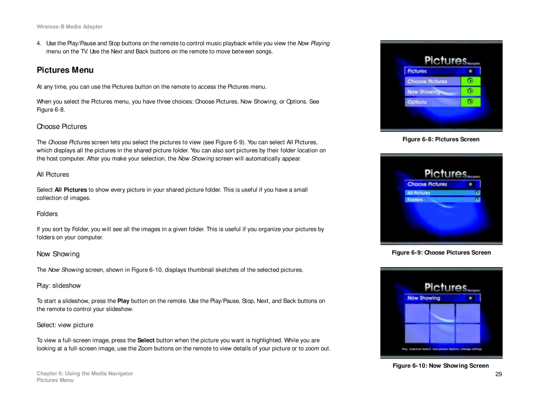 Cisco Systems WMA11B manual Pictures Menu, Choose Pictures, Now Showing 