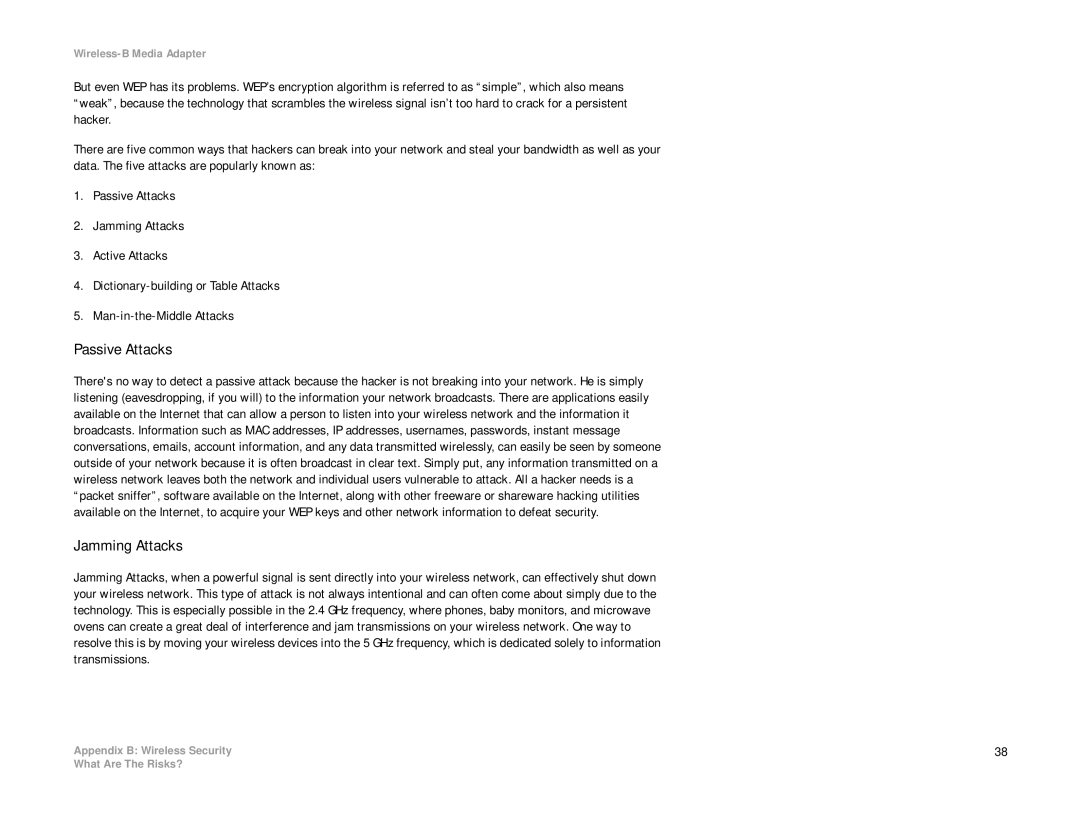 Cisco Systems WMA11B manual Passive Attacks, Jamming Attacks 