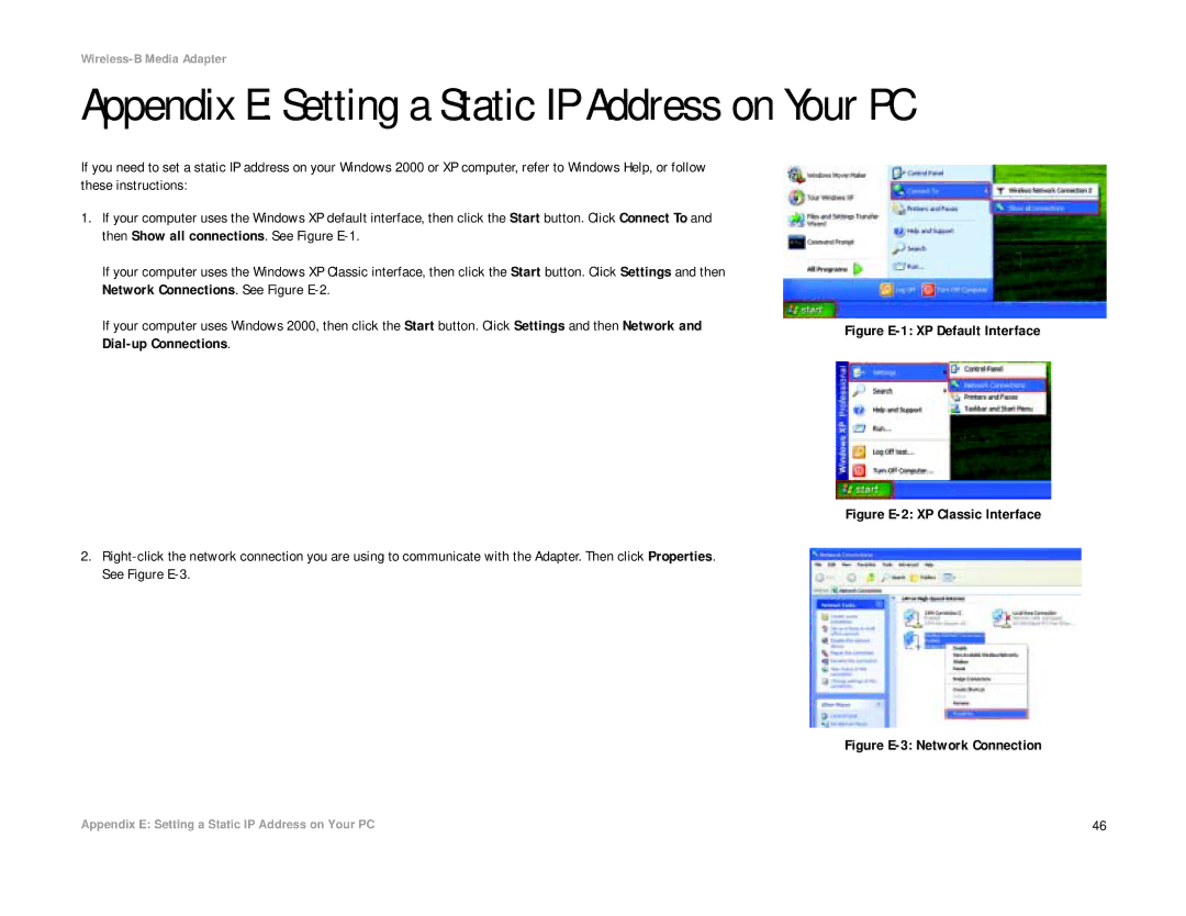 Cisco Systems WMA11B manual Appendix E Setting a Static IP Address on Your PC, Figure E-1 XP Default Interface 