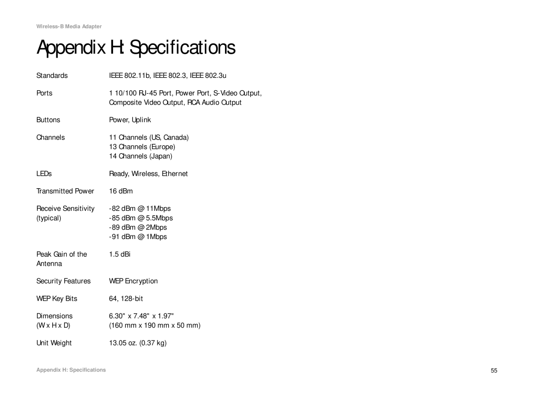 Cisco Systems WMA11B manual Appendix H Specifications, Standards Ieee 802.11b, Ieee 802.3, Ieee 802.3u Ports 