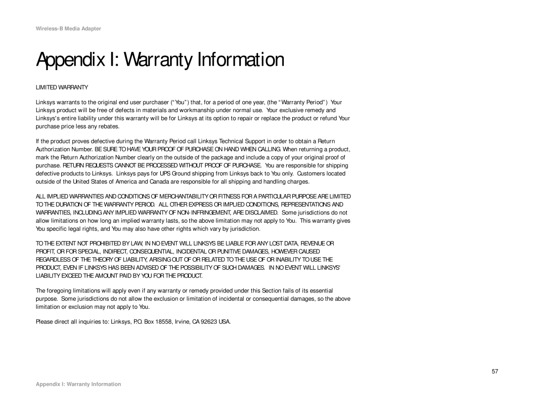 Cisco Systems WMA11B manual Appendix I Warranty Information, Limited Warranty 