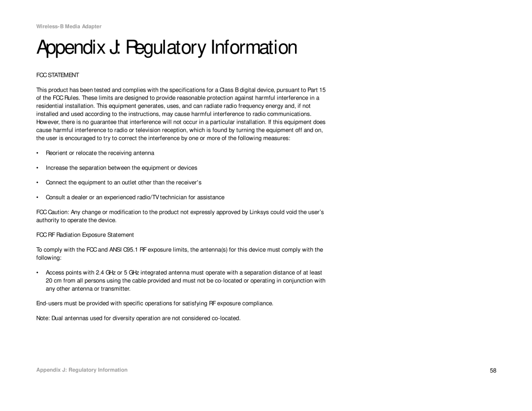 Cisco Systems WMA11B manual Appendix J Regulatory Information, FCC Statement 