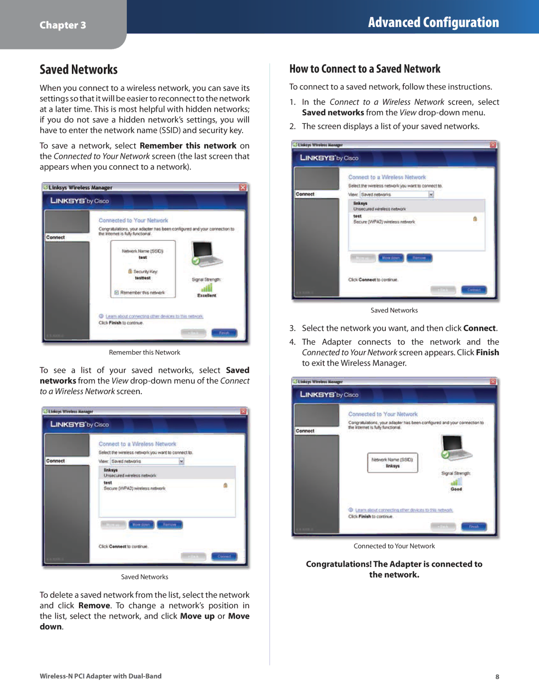 Cisco Systems WMP600N manual Saved Networks, How to Connect to a Saved Network 