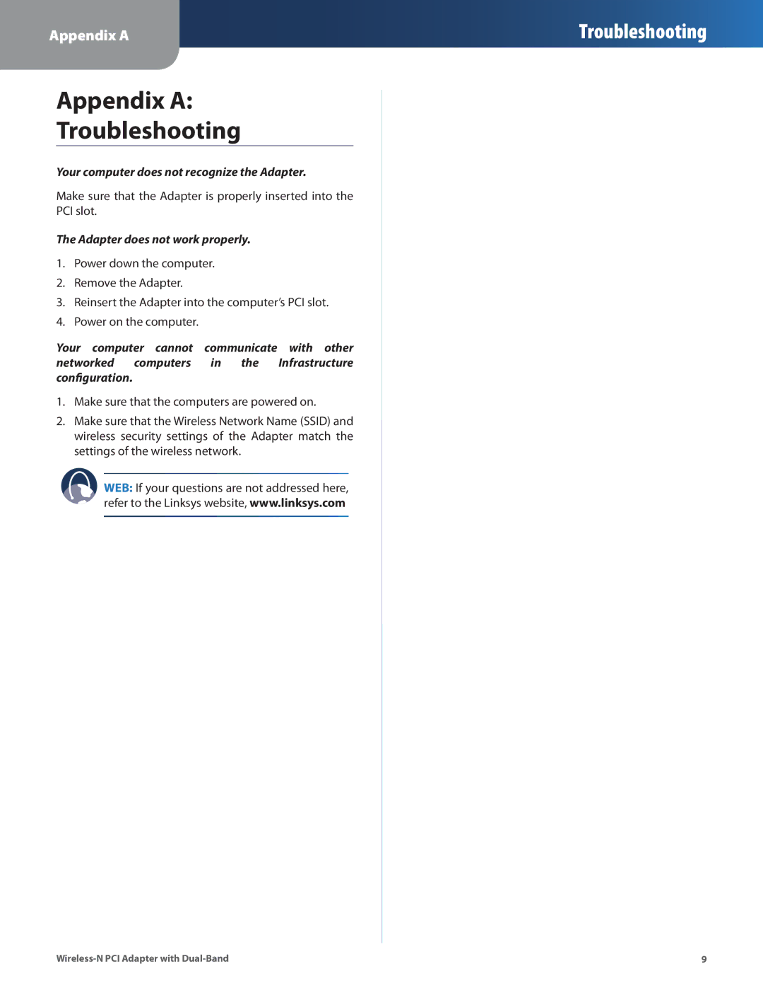 Cisco Systems WMP600N manual Appendix a Troubleshooting, Adapter does not work properly 