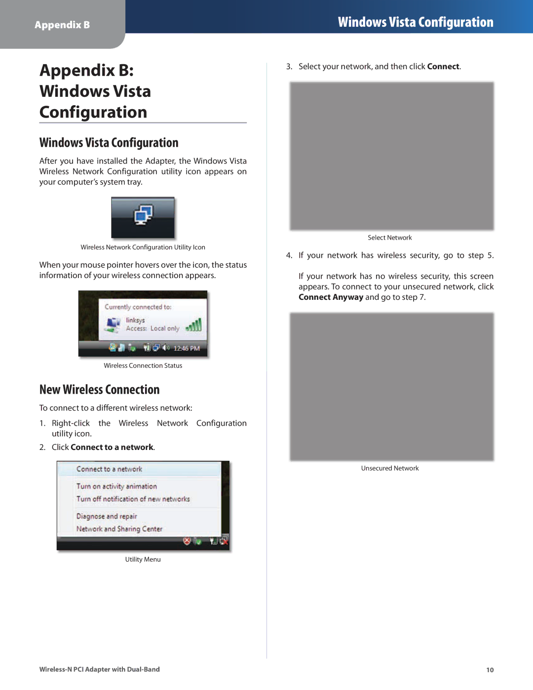 Cisco Systems WMP600N manual Appendix B Windows Vista Configuration, New Wireless Connection 