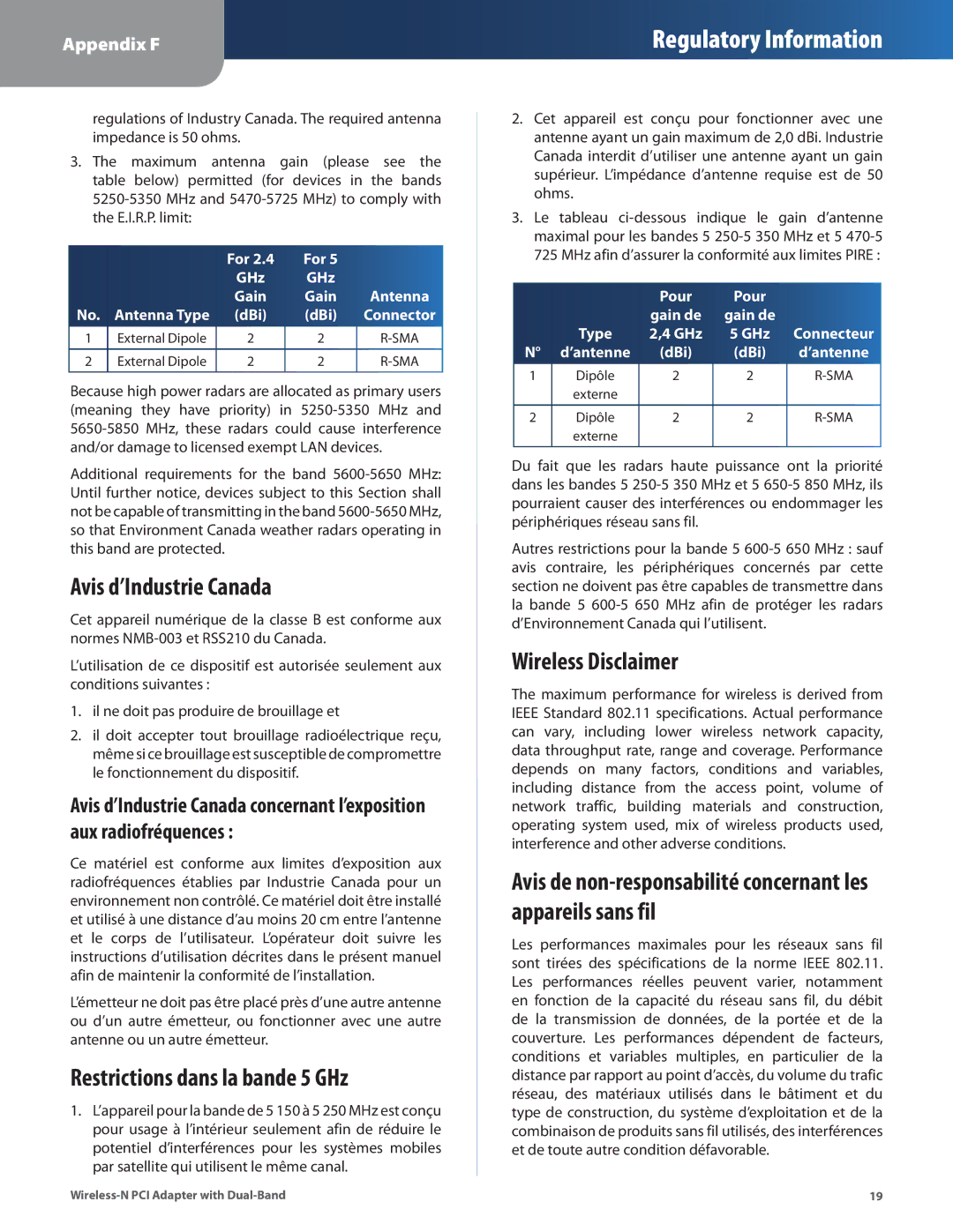 Cisco Systems WMP600N manual Avis d’Industrie Canada, Restrictions dans la bande 5 GHz, Wireless Disclaimer 