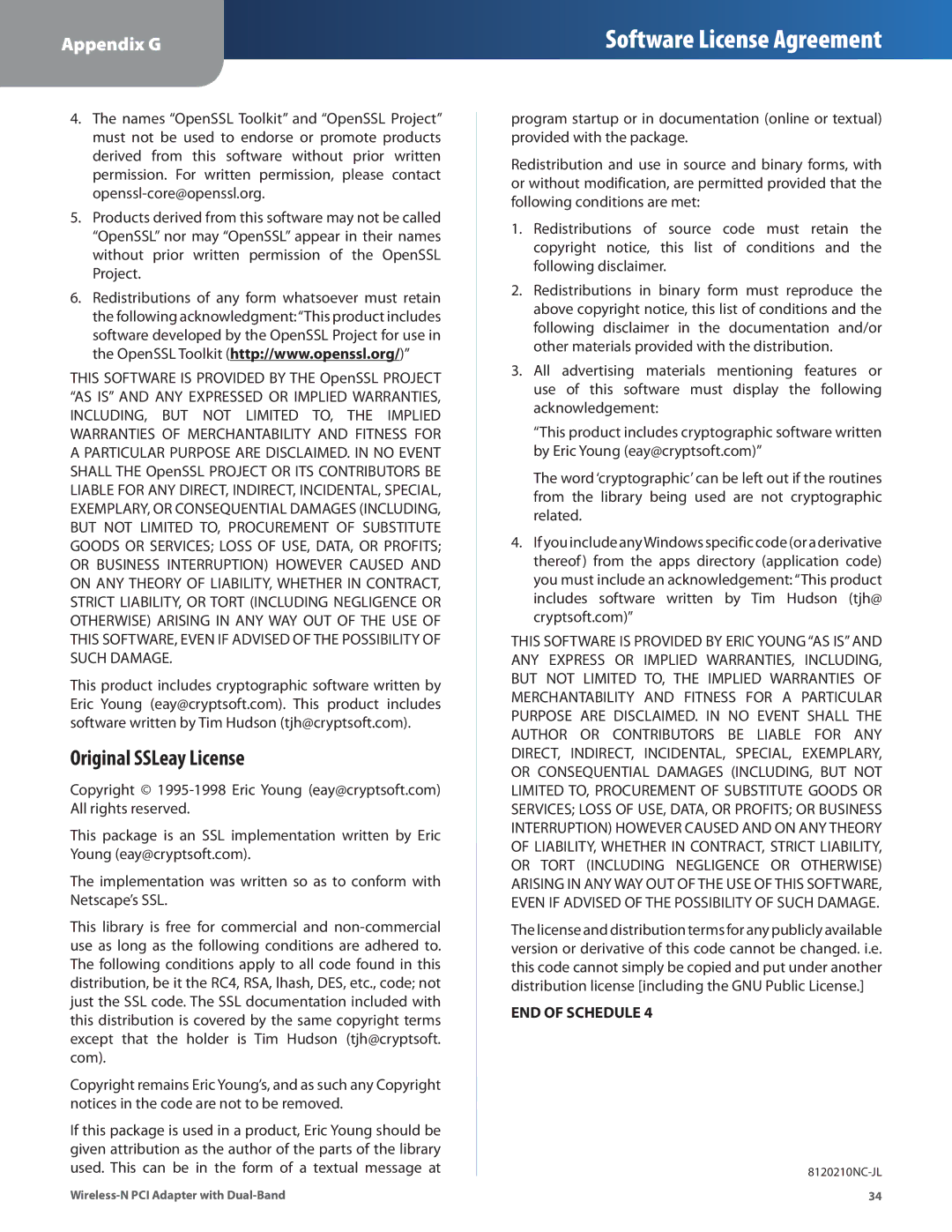 Cisco Systems WMP600N manual Original SSLeay License 