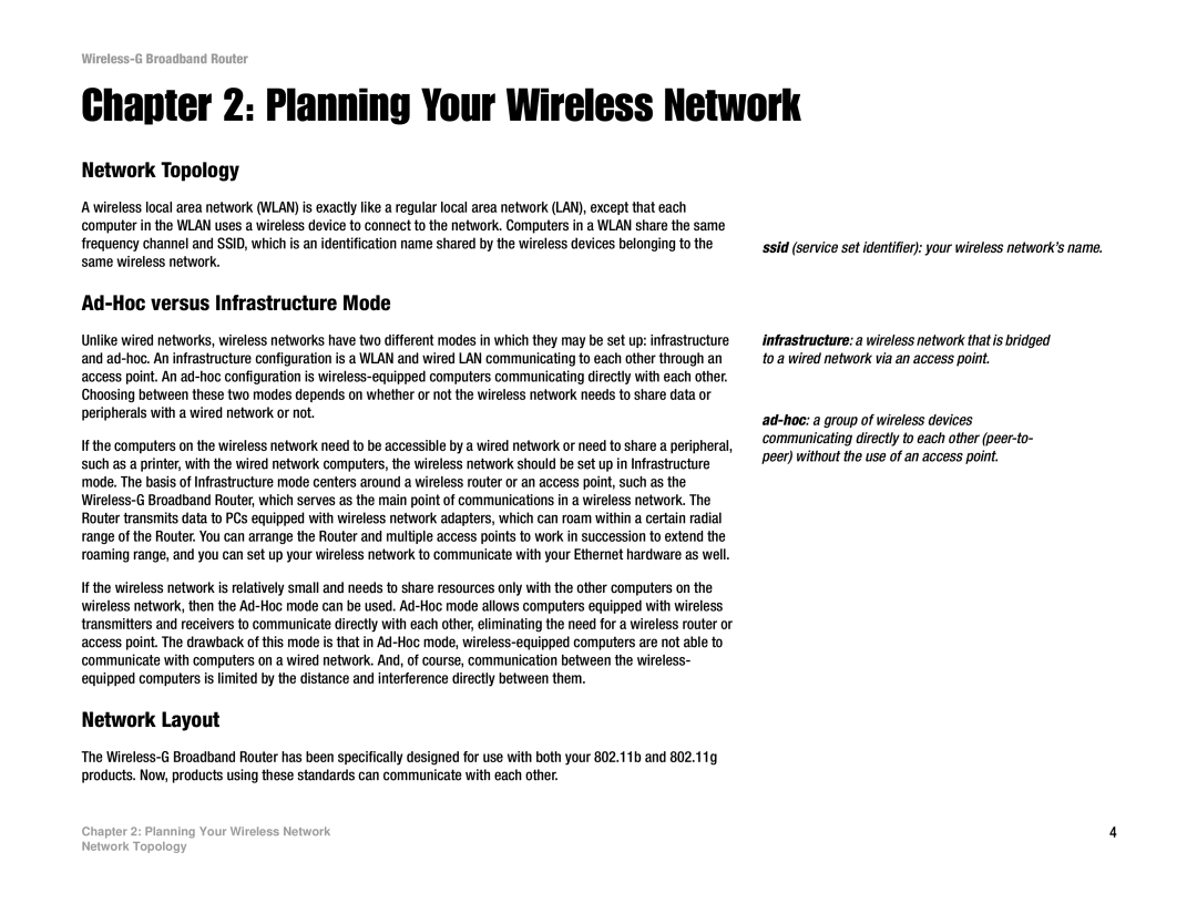 Cisco Systems WRK54G Planning Your Wireless Network, Network Topology, Ad-Hoc versus Infrastructure Mode, Network Layout 