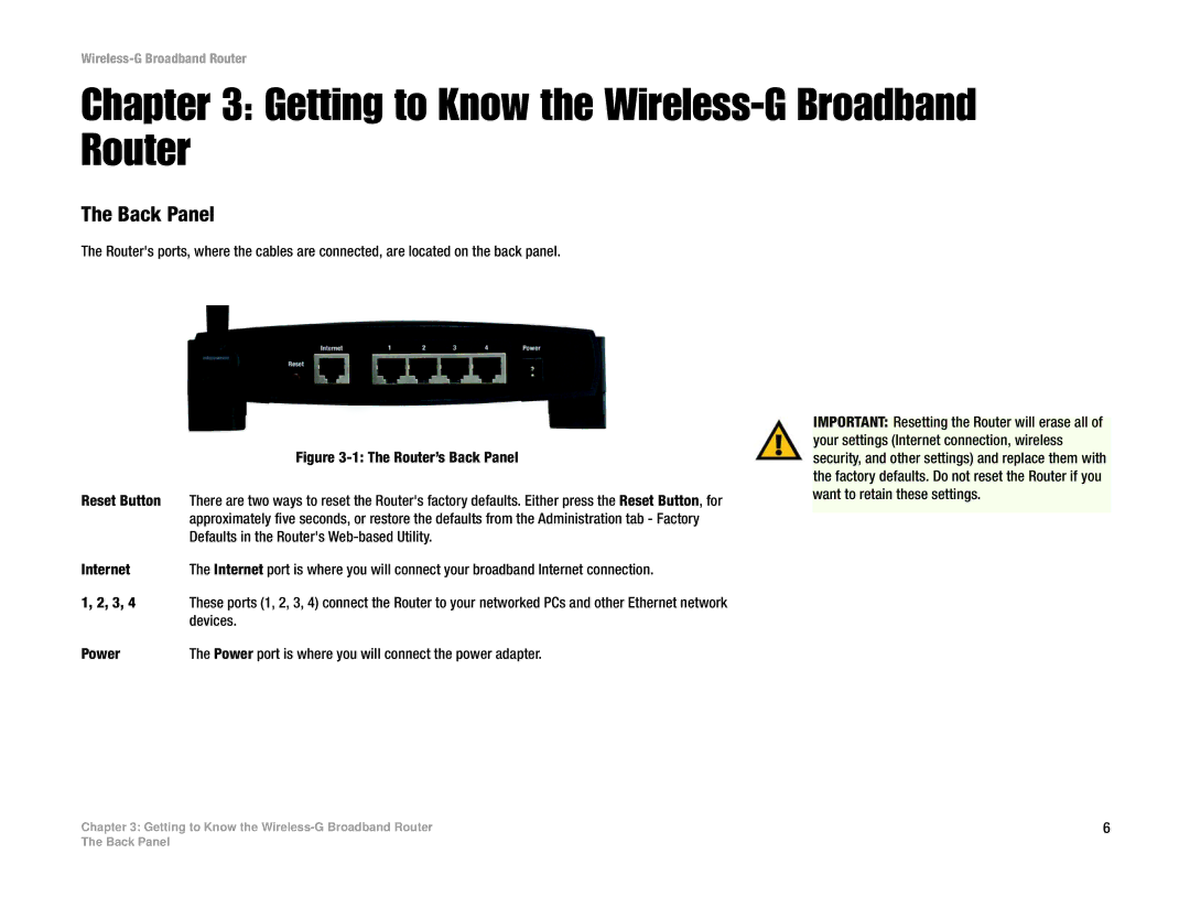 Cisco Systems WRK54G manual Getting to Know the Wireless-G Broadband Router, Back Panel 