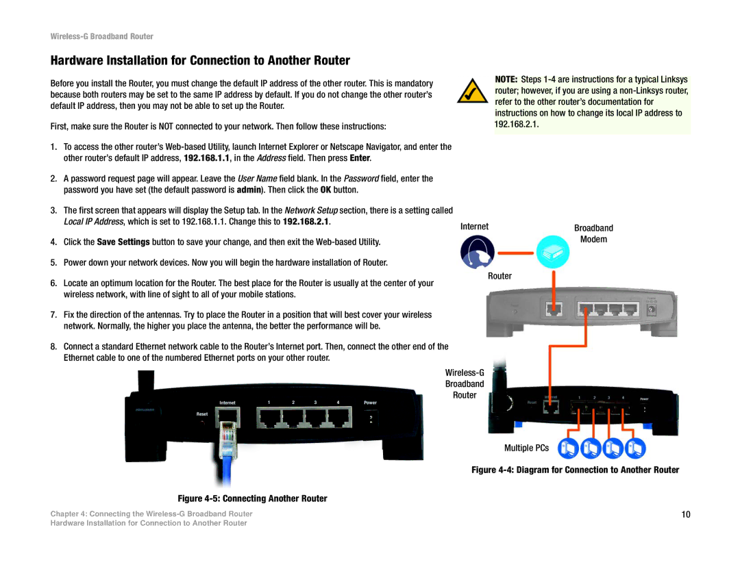 Cisco Systems WRK54G Hardware Installation for Connection to Another Router, Router Wireless-G Broadband Multiple PCs 