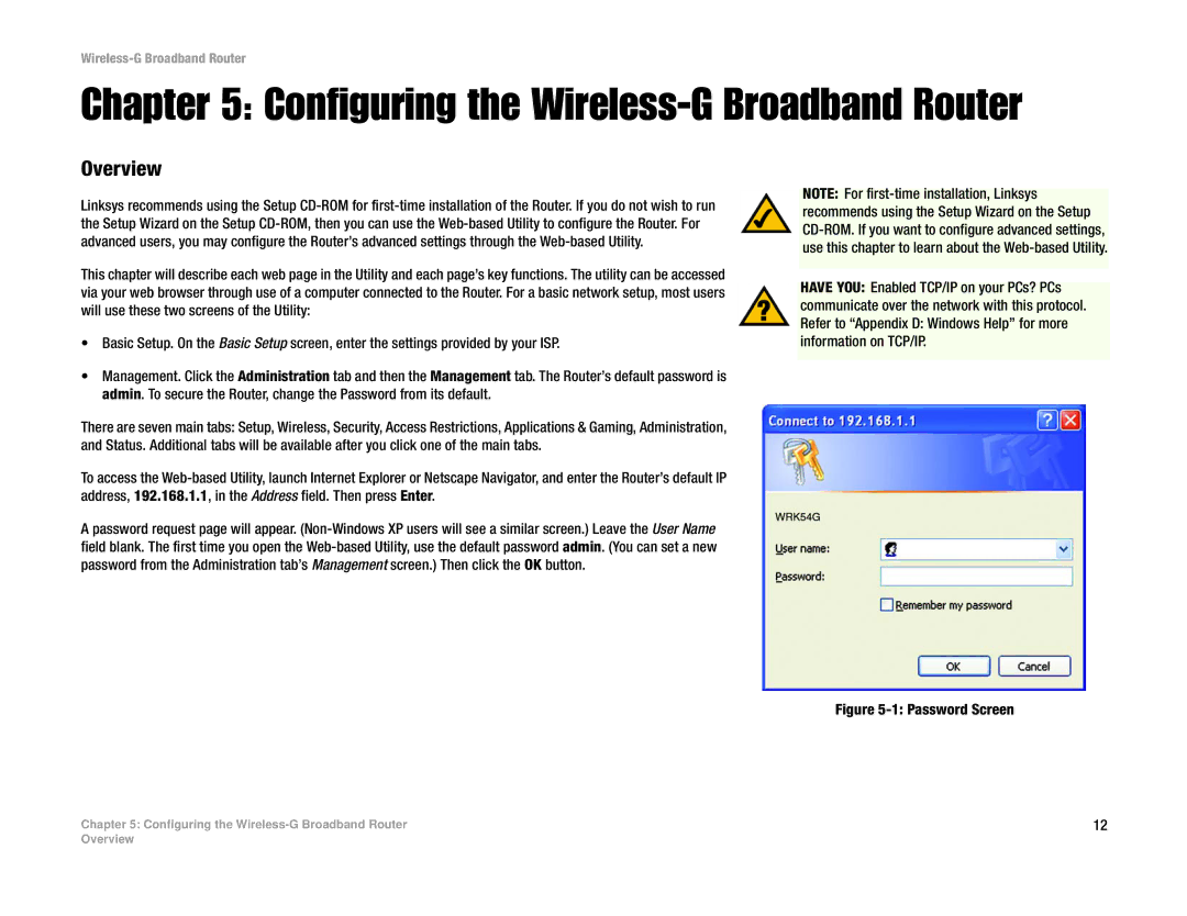 Cisco Systems WRK54G manual Configuring the Wireless-G Broadband Router, Password Screen 