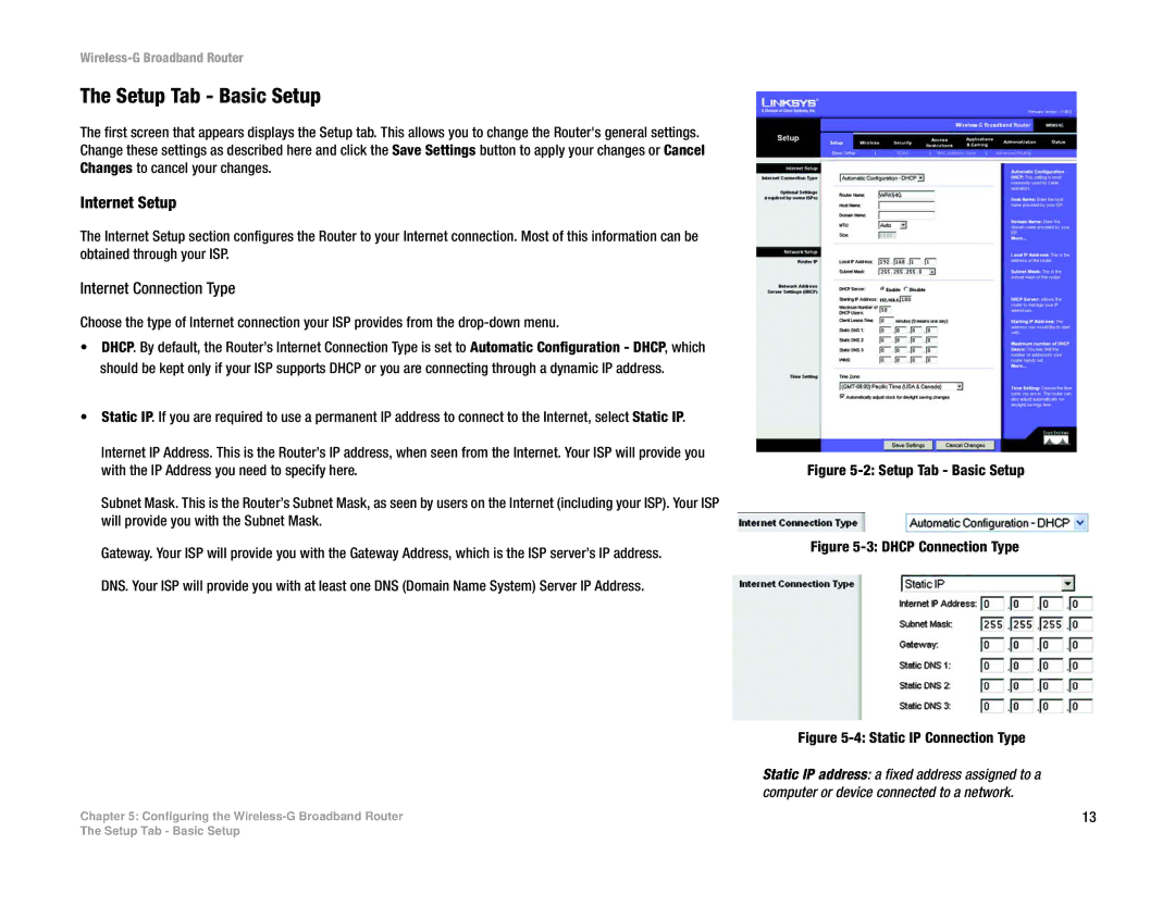 Cisco Systems WRK54G manual Setup Tab Basic Setup, Internet Setup 