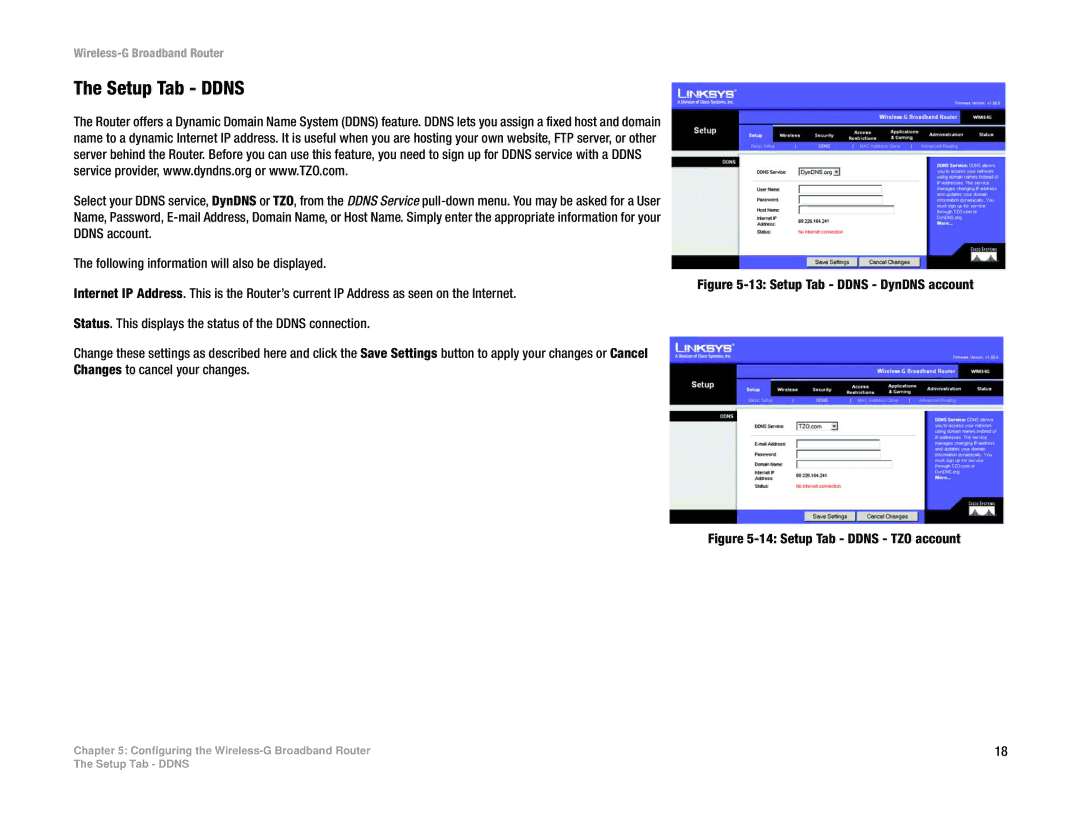 Cisco Systems WRK54G manual Setup Tab Ddns DynDNS account 