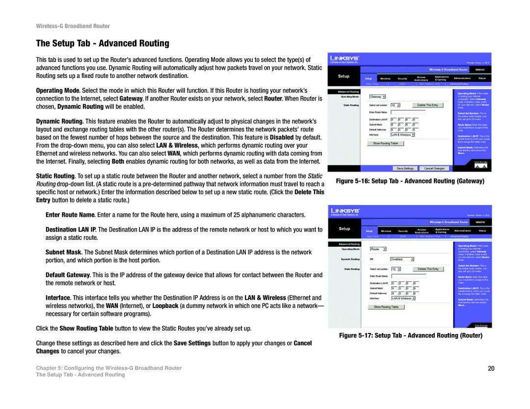 Cisco Systems WRK54G manual Setup Tab Advanced Routing Gateway 