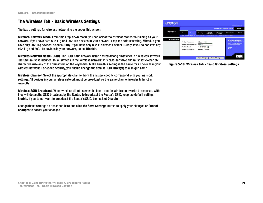 Cisco Systems WRK54G manual Wireless Tab Basic Wireless Settings 