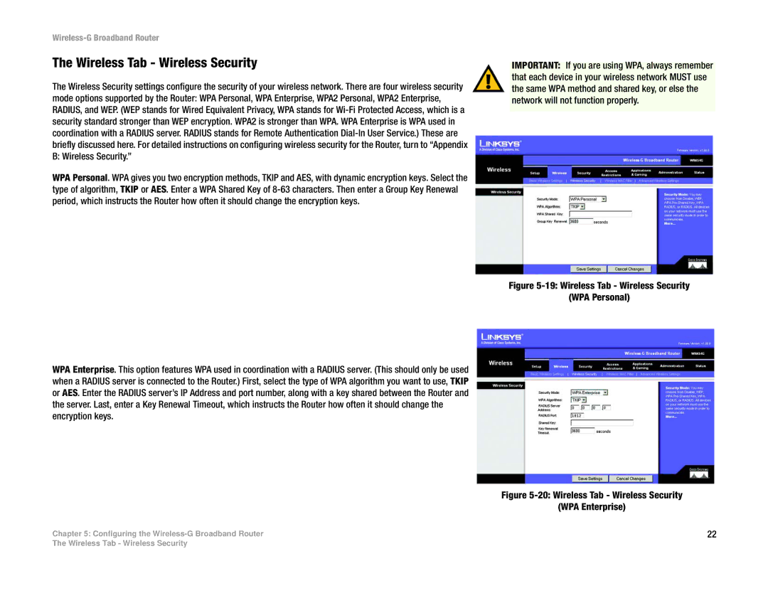 Cisco Systems WRK54G manual Wireless Tab Wireless Security WPA Personal 