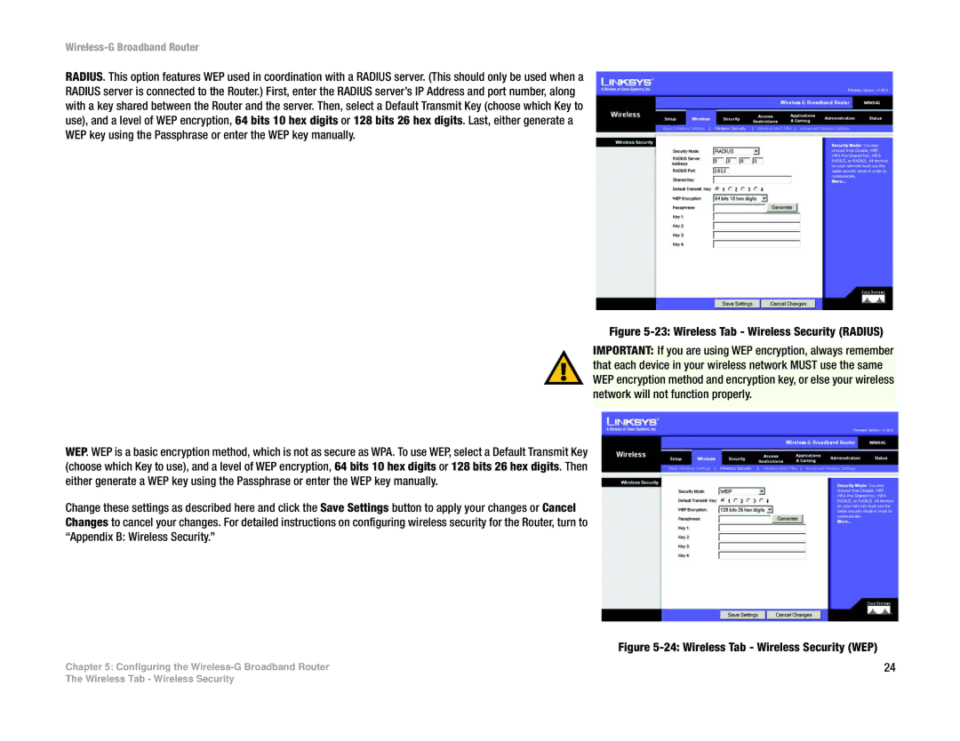 Cisco Systems WRK54G manual Wireless Tab Wireless Security Radius 