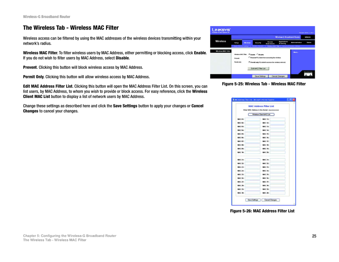 Cisco Systems WRK54G manual Wireless Tab Wireless MAC Filter 