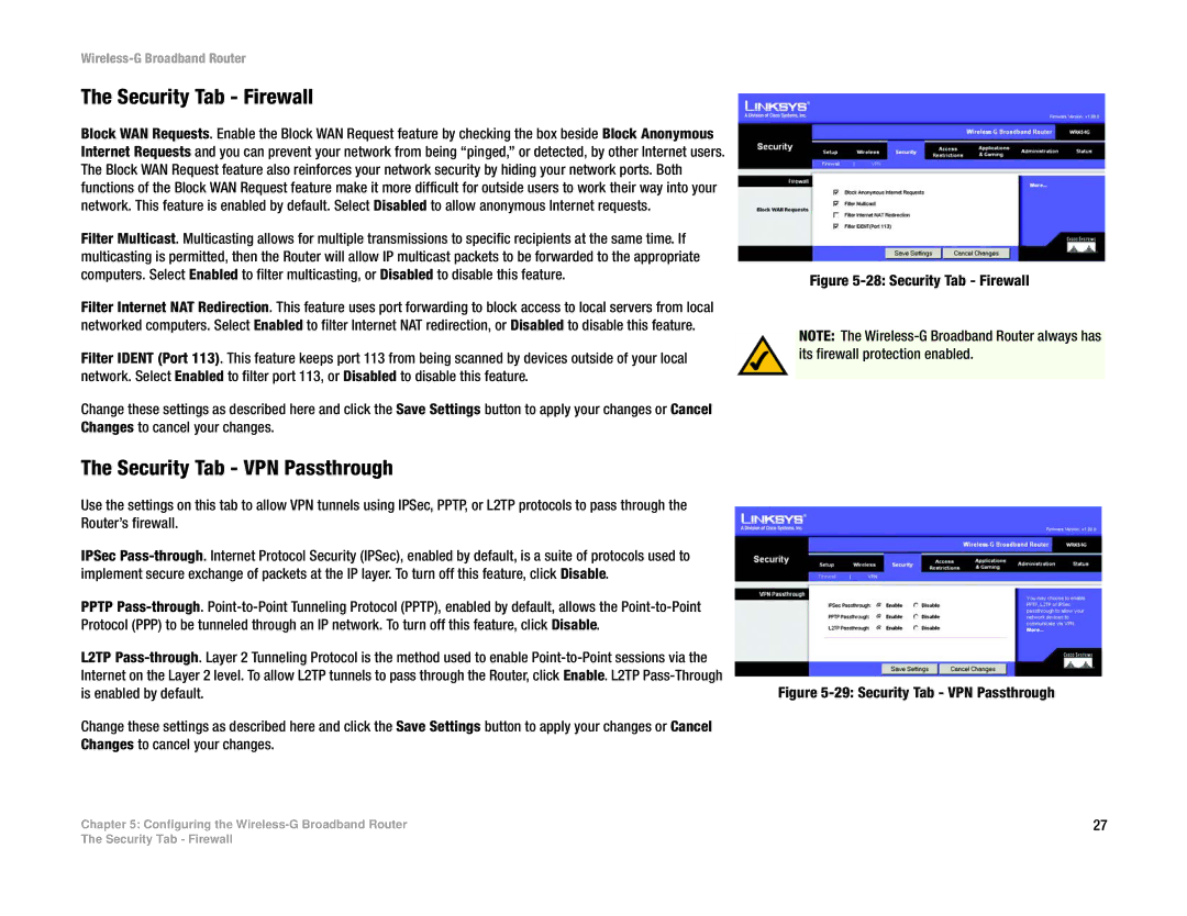 Cisco Systems WRK54G manual Security Tab Firewall, Security Tab VPN Passthrough 