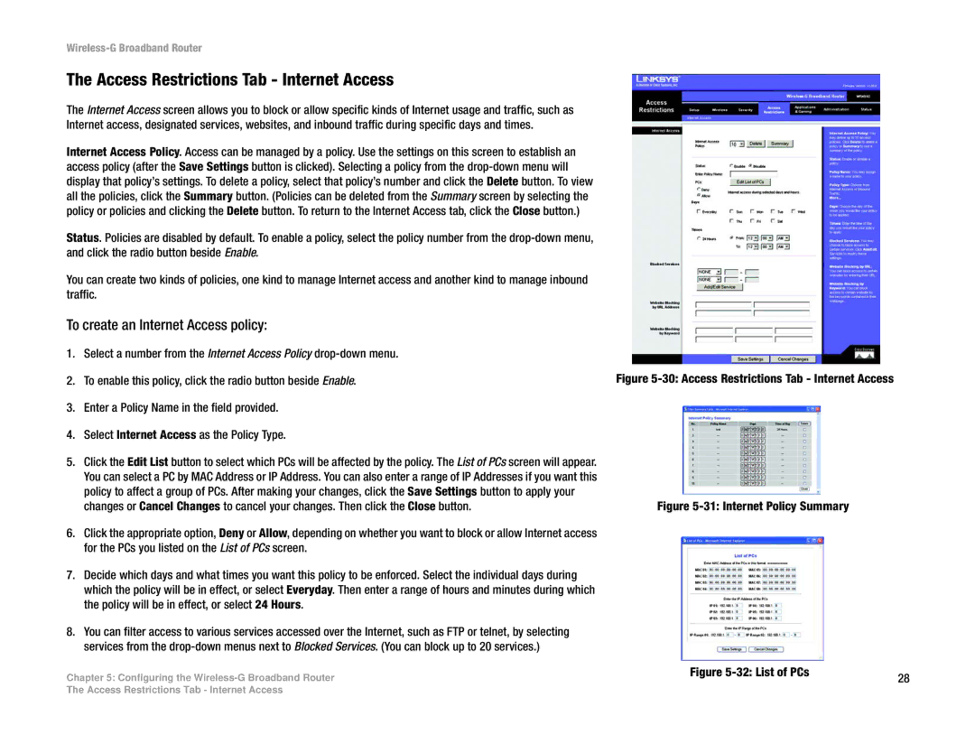 Cisco Systems WRK54G manual Access Restrictions Tab Internet Access, To create an Internet Access policy 