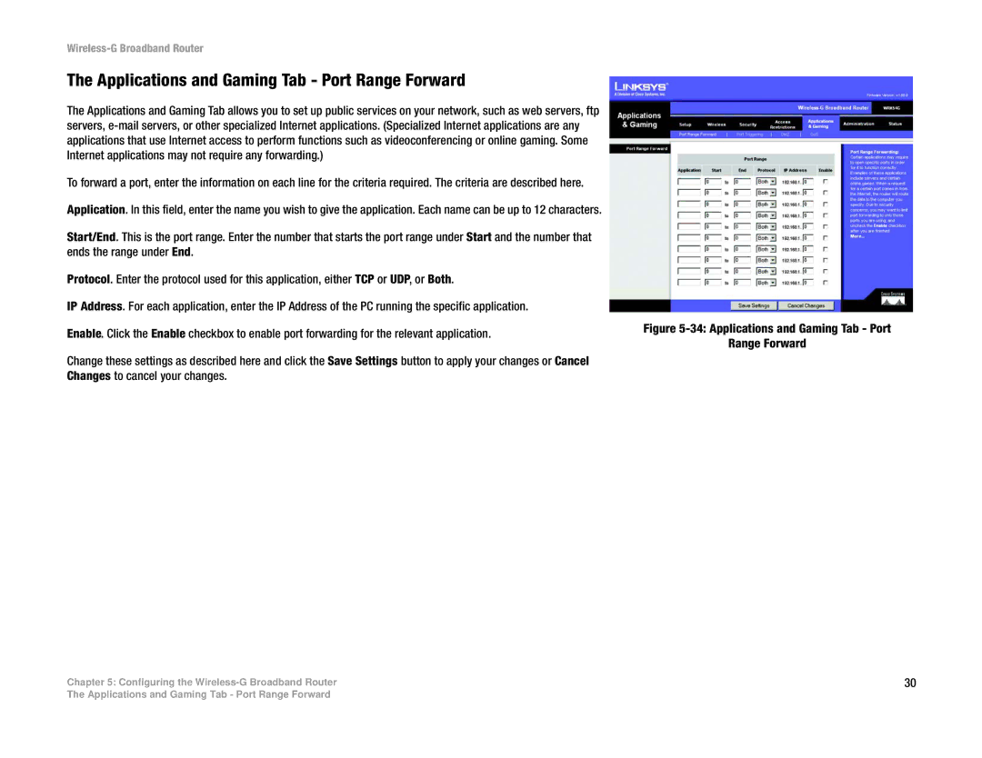 Cisco Systems WRK54G manual Applications and Gaming Tab Port Range Forward 