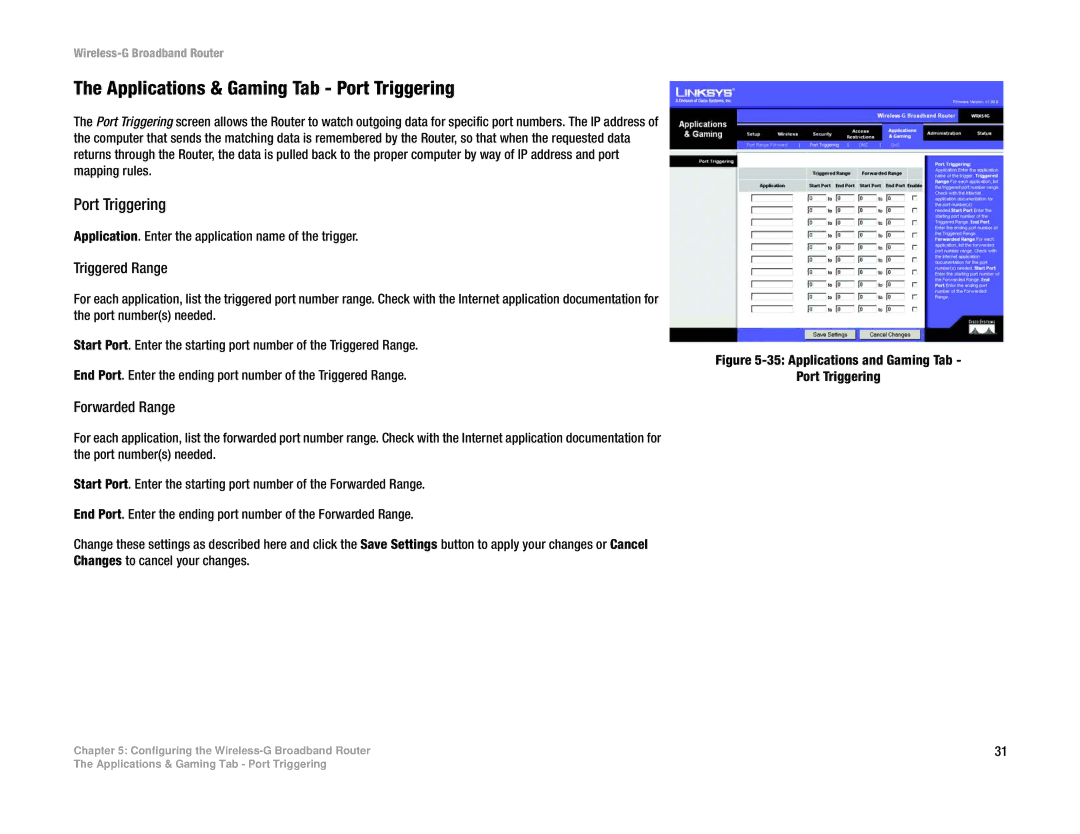 Cisco Systems WRK54G manual Applications & Gaming Tab Port Triggering 