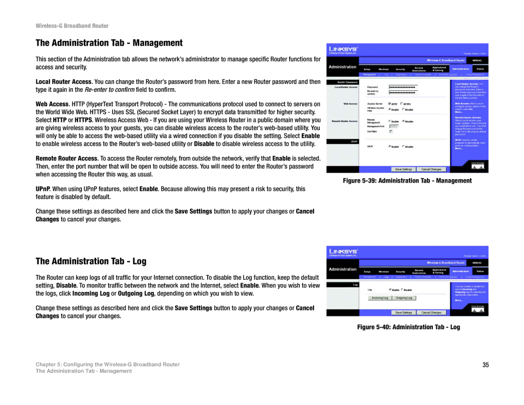 Cisco Systems WRK54G manual Administration Tab Management, Administration Tab Log 