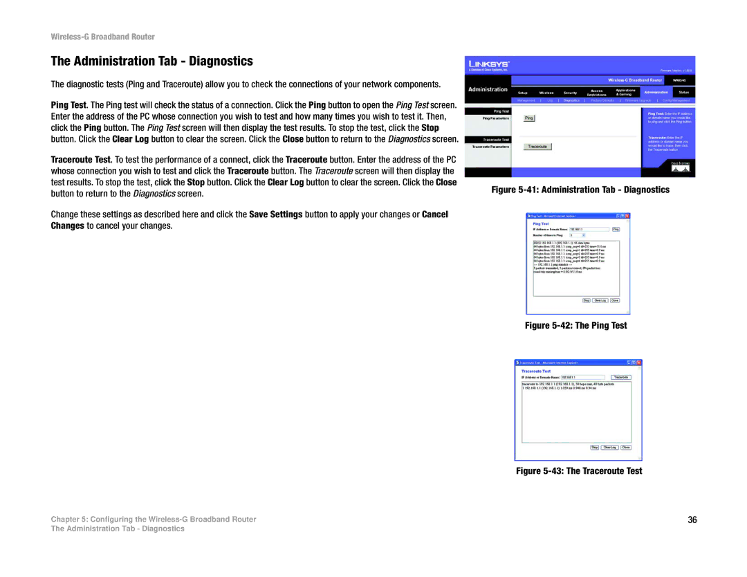 Cisco Systems WRK54G manual Administration Tab Diagnostics 