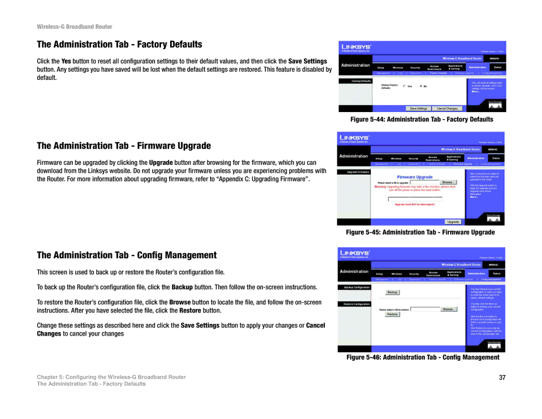 Cisco Systems WRK54G manual Administration Tab Factory Defaults, Administration Tab Firmware Upgrade 