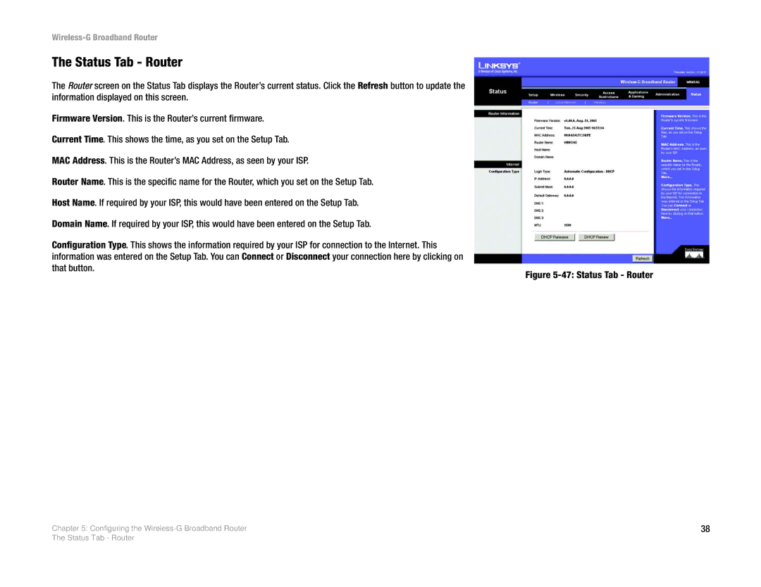 Cisco Systems WRK54G manual Status Tab Router 