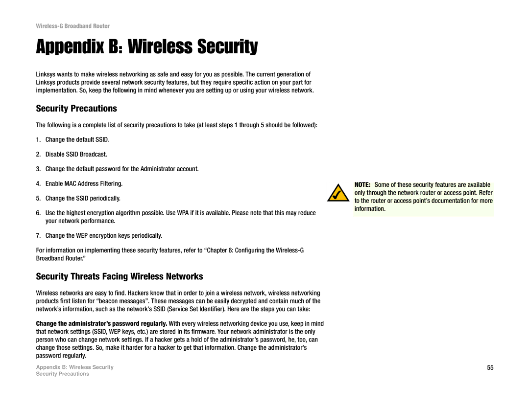 Cisco Systems WRK54G manual Appendix B Wireless Security, Security Precautions, Security Threats Facing Wireless Networks 