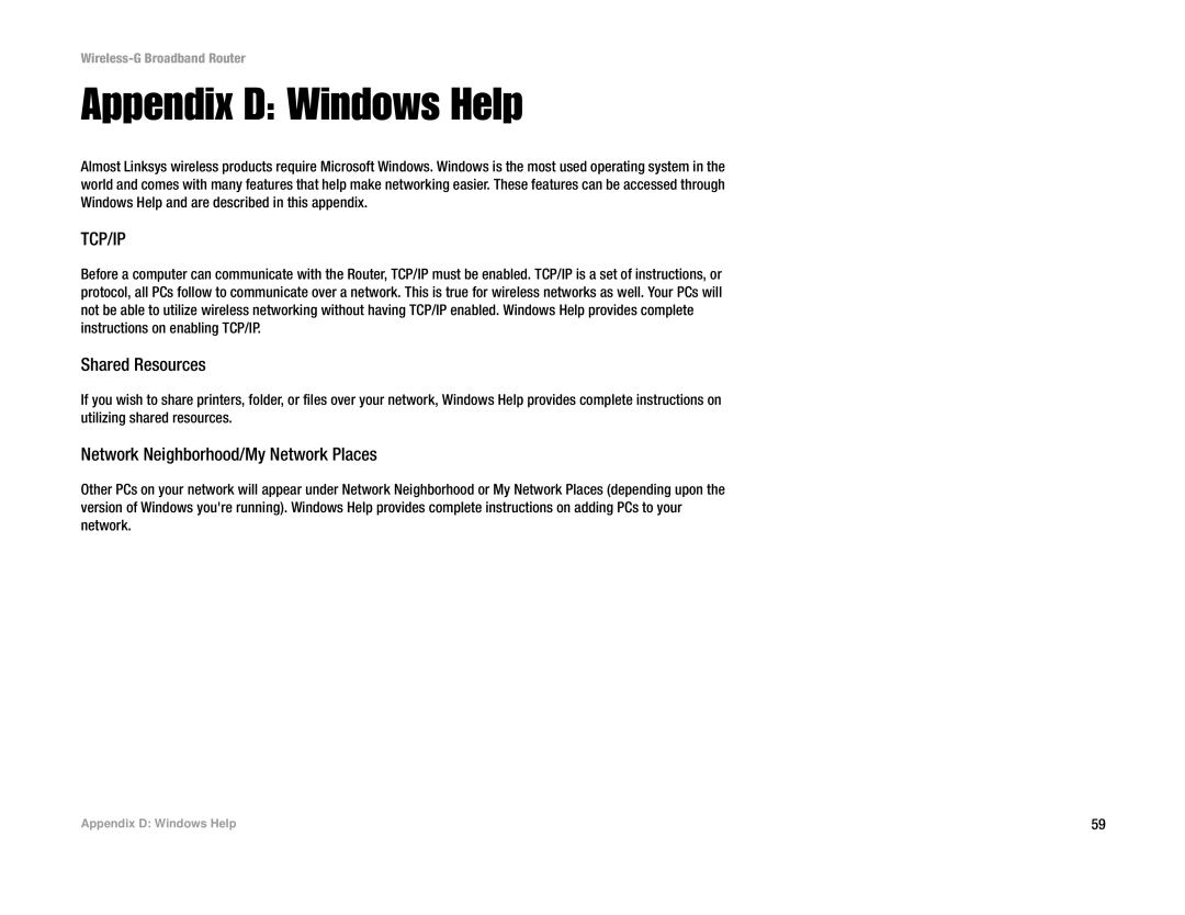 Cisco Systems WRK54G manual Appendix D Windows Help, Tcp/Ip 