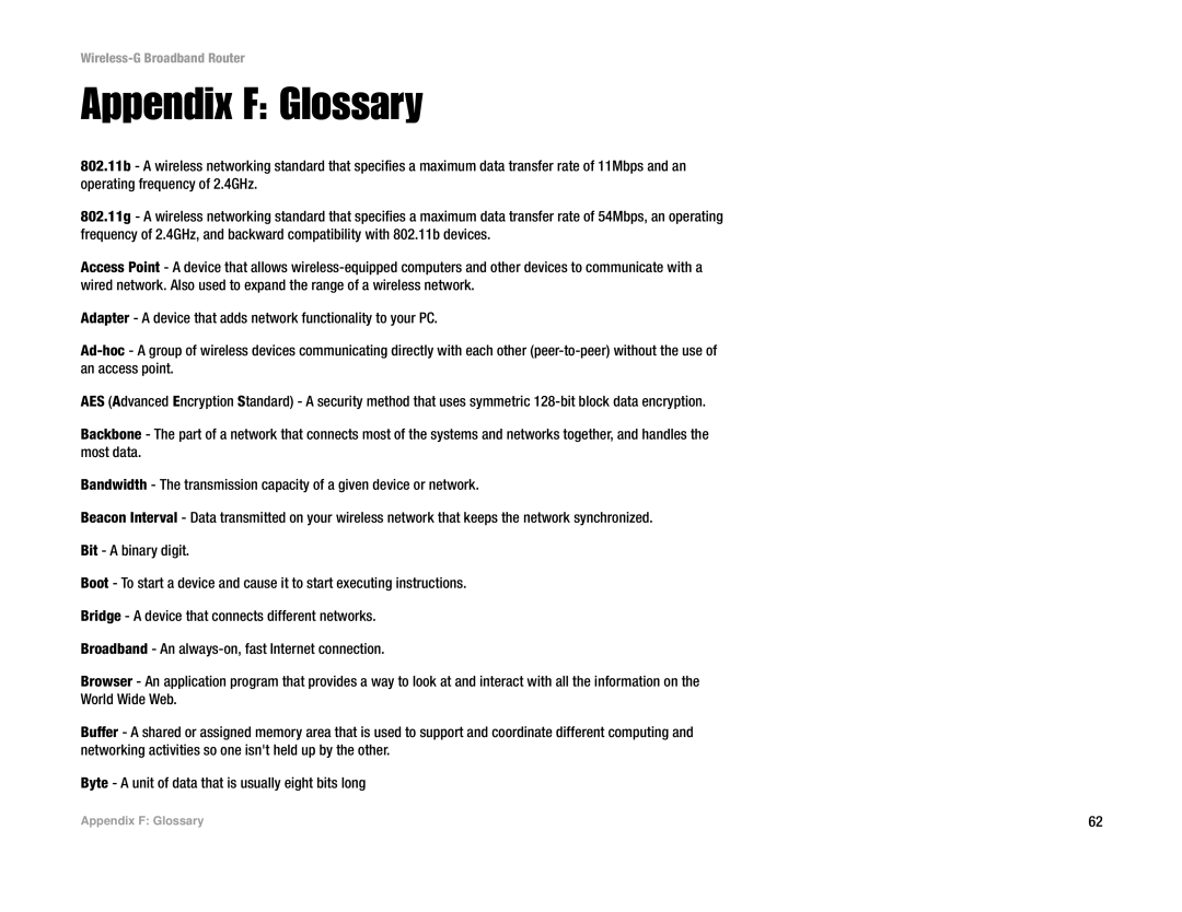 Cisco Systems WRK54G manual Appendix F Glossary 