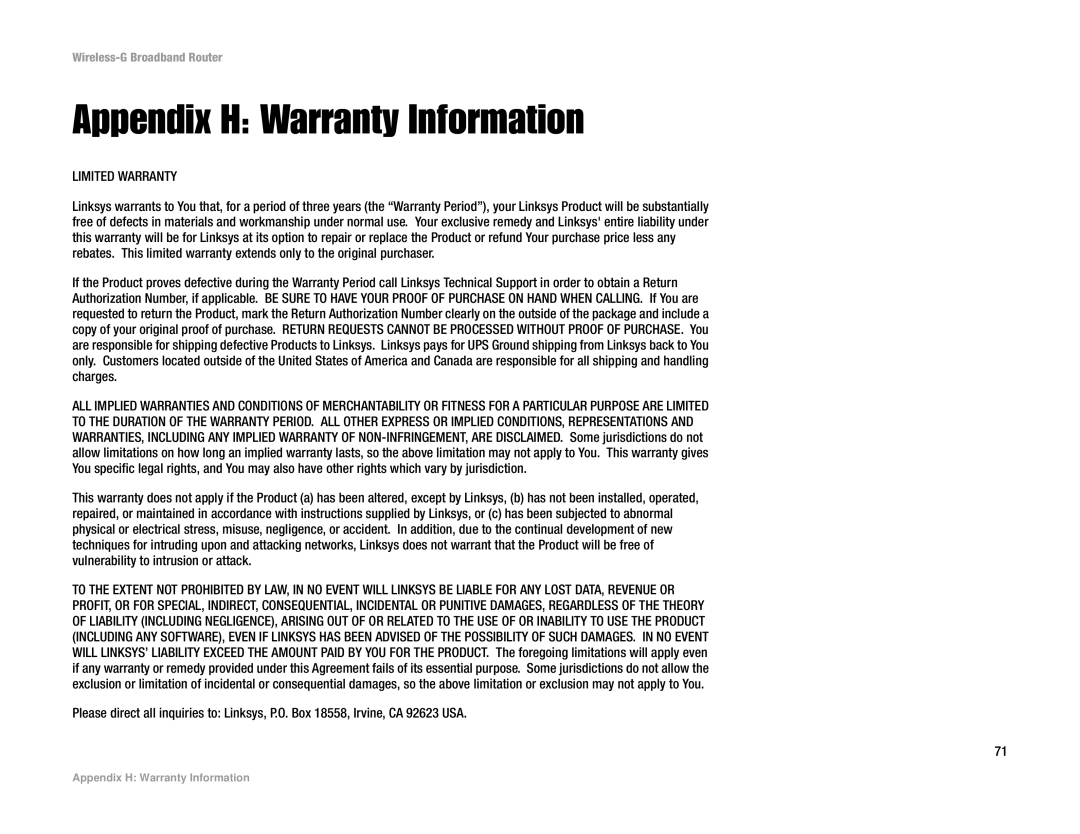 Cisco Systems WRK54G manual Appendix H Warranty Information, Limited Warranty 