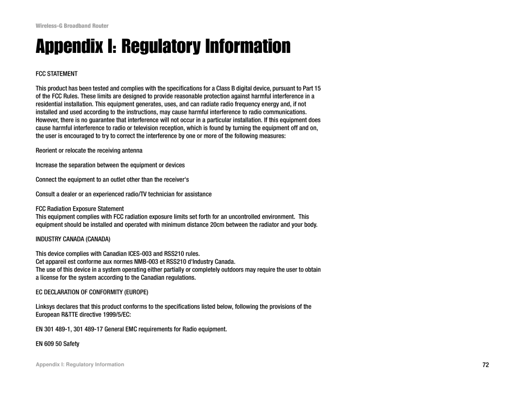 Cisco Systems WRK54G manual Appendix I Regulatory Information, FCC Statement 