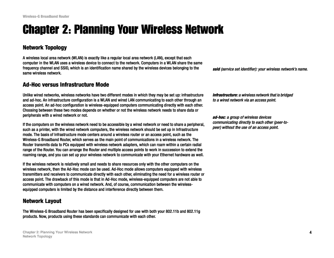 Cisco Systems WRK54G Planning Your Wireless Network, Network Topology, Ad-Hoc versus Infrastructure Mode, Network Layout 