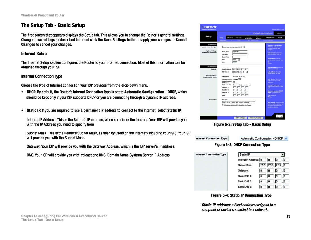 Cisco Systems WRK54G manual The Setup Tab - Basic Setup, Internet Setup, Internet Connection Type 