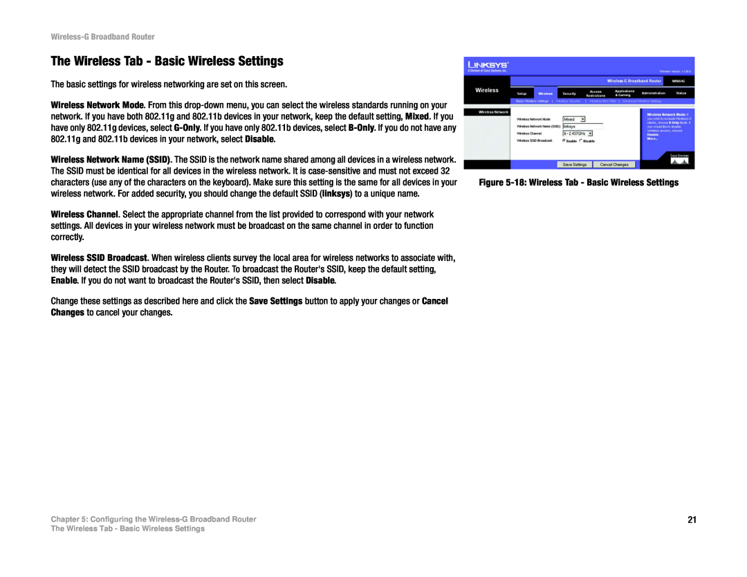 Cisco Systems WRK54G manual The Wireless Tab - Basic Wireless Settings 