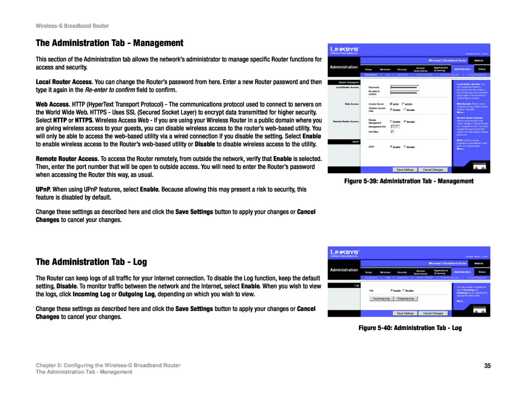 Cisco Systems WRK54G manual The Administration Tab - Management, The Administration Tab - Log 