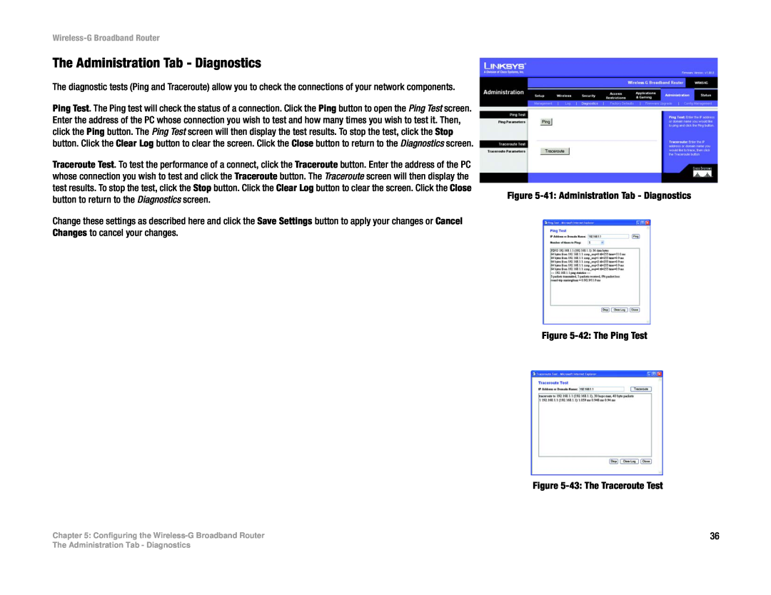 Cisco Systems WRK54G manual The Administration Tab - Diagnostics 