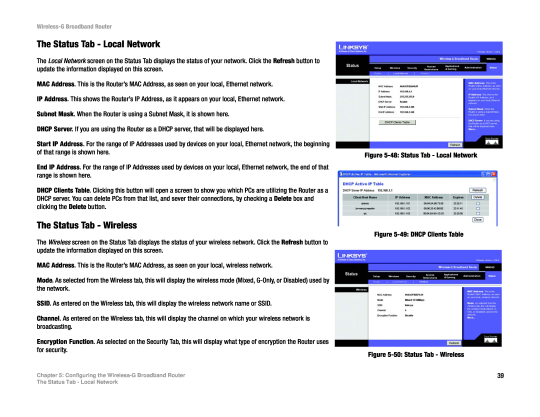 Cisco Systems WRK54G manual The Status Tab - Local Network, The Status Tab - Wireless 