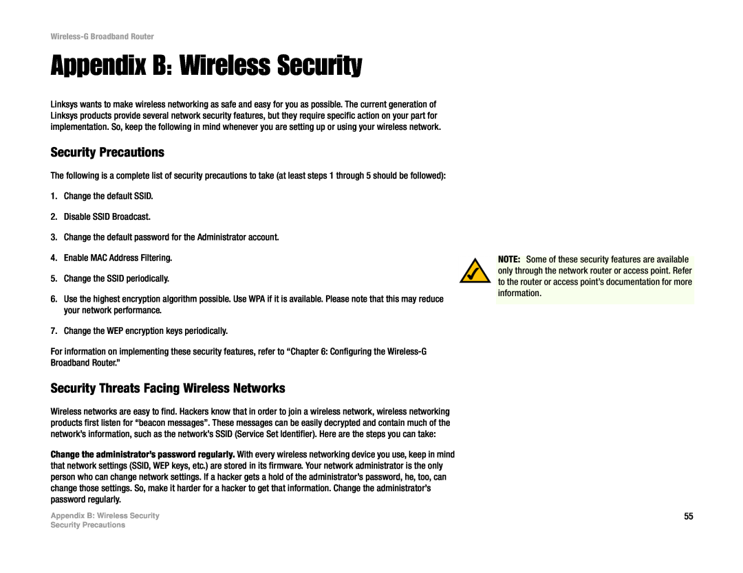 Cisco Systems WRK54G manual Appendix B Wireless Security, Security Precautions, Security Threats Facing Wireless Networks 