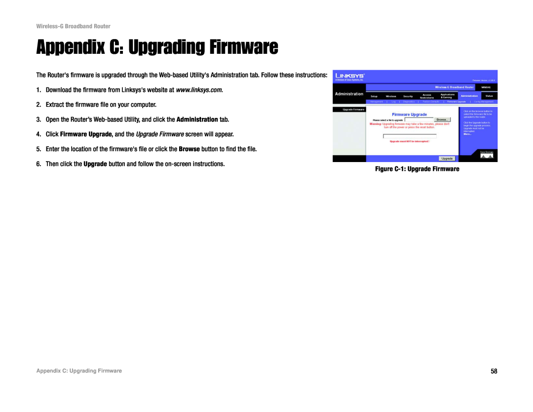 Cisco Systems WRK54G manual Appendix C Upgrading Firmware 