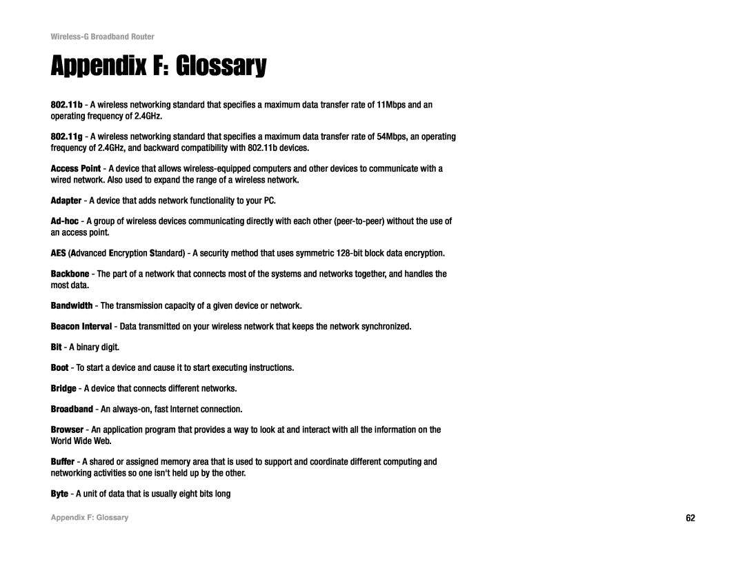 Cisco Systems WRK54G manual Appendix F Glossary 